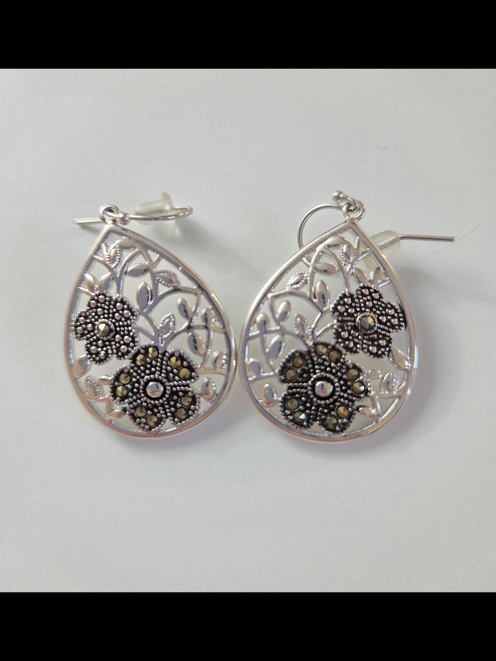 Silver Floral Filigree Teardrop Earrings